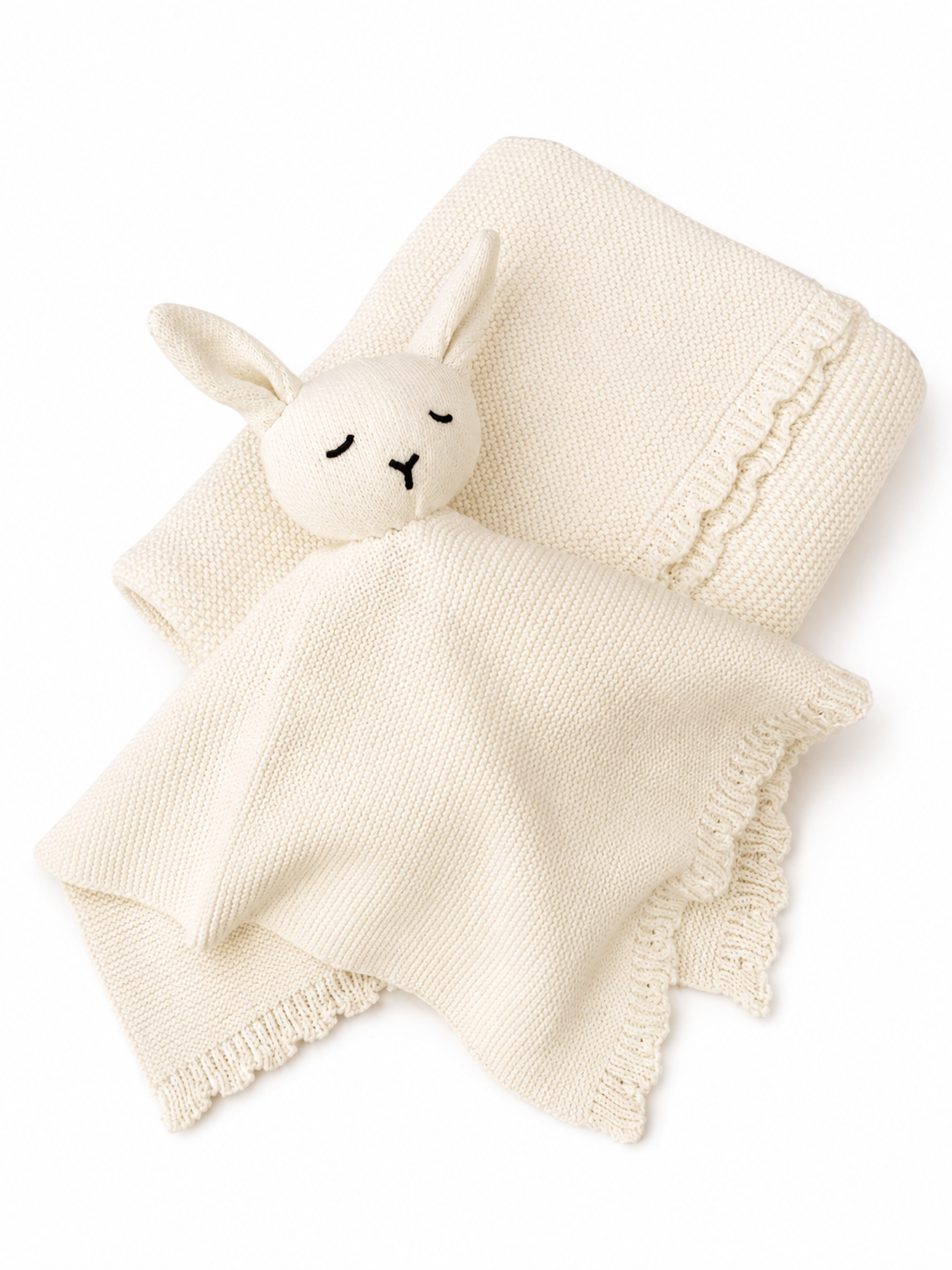 Personalised ivory knit baby blanket and bunny comforter set with name embroidery β timeless neutral newborn gift UAE