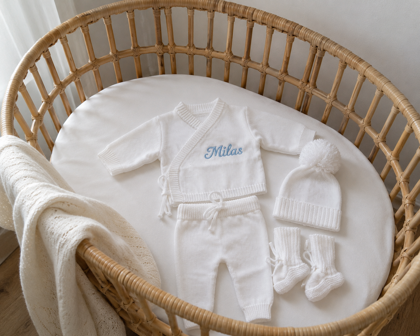 Personalised white bamboo cotton newborn knit outfit set with English or Arabic name embroidery β 4-piece bundle Dubai UAE