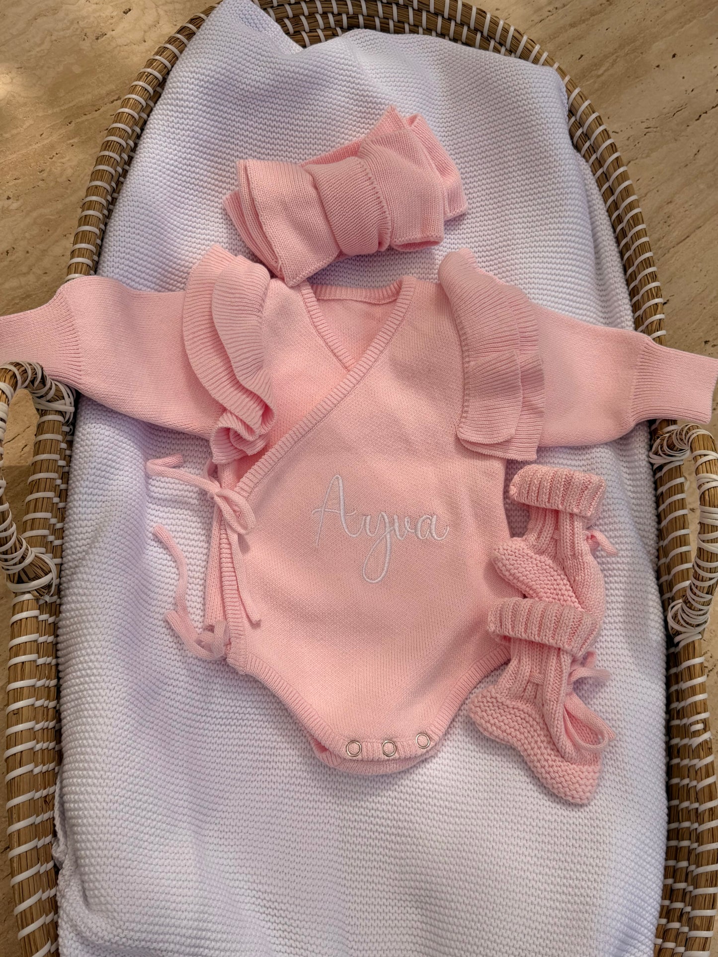 Personalised Knitted Baby Romper Set — Soft Organic Cotton with Ruffle Sleeves, Footies & Headbow Options
