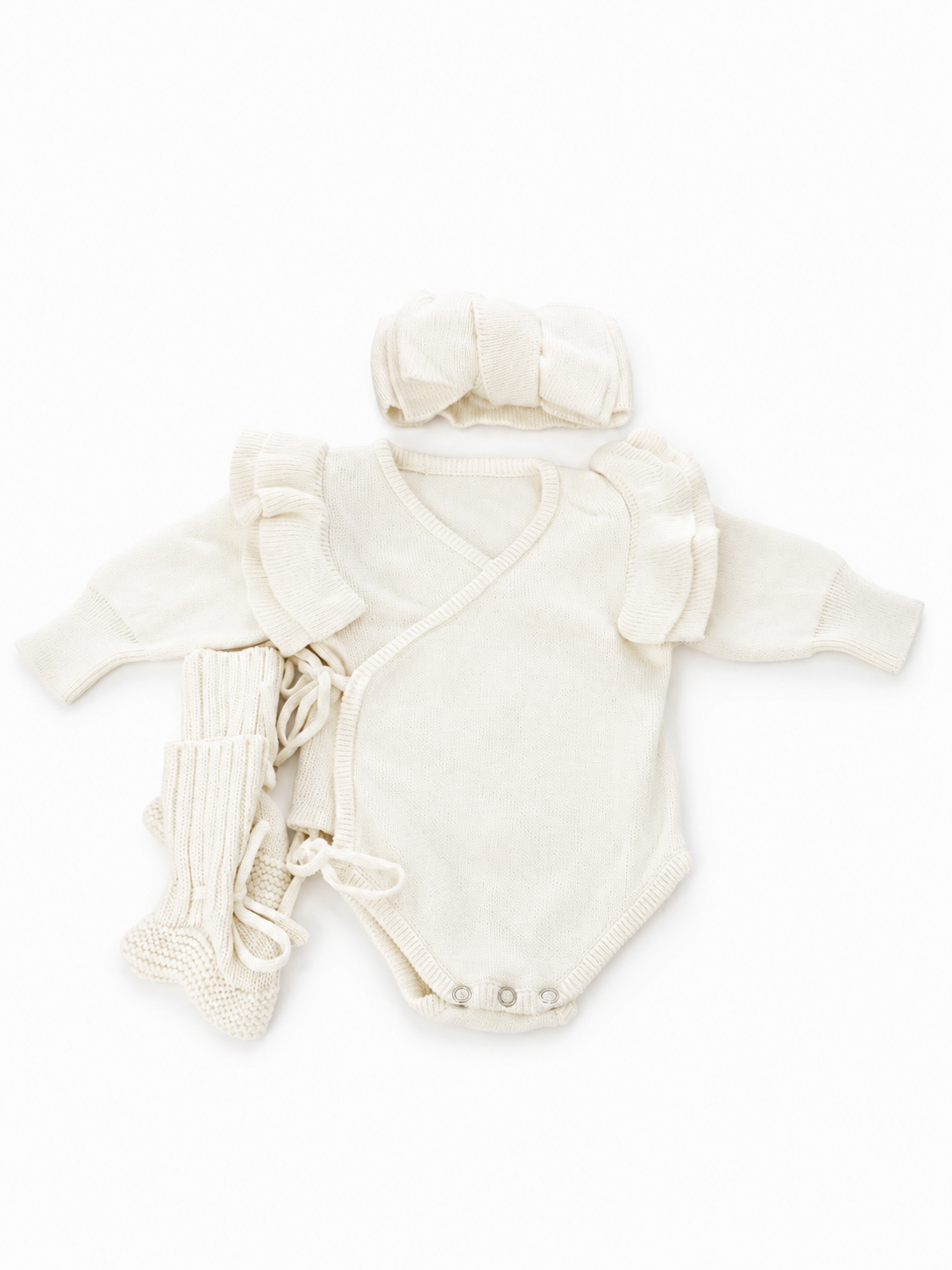 Personalised Knitted Baby Romper Set — Soft Organic Cotton with Ruffle Sleeves, Footies & Headbow Options