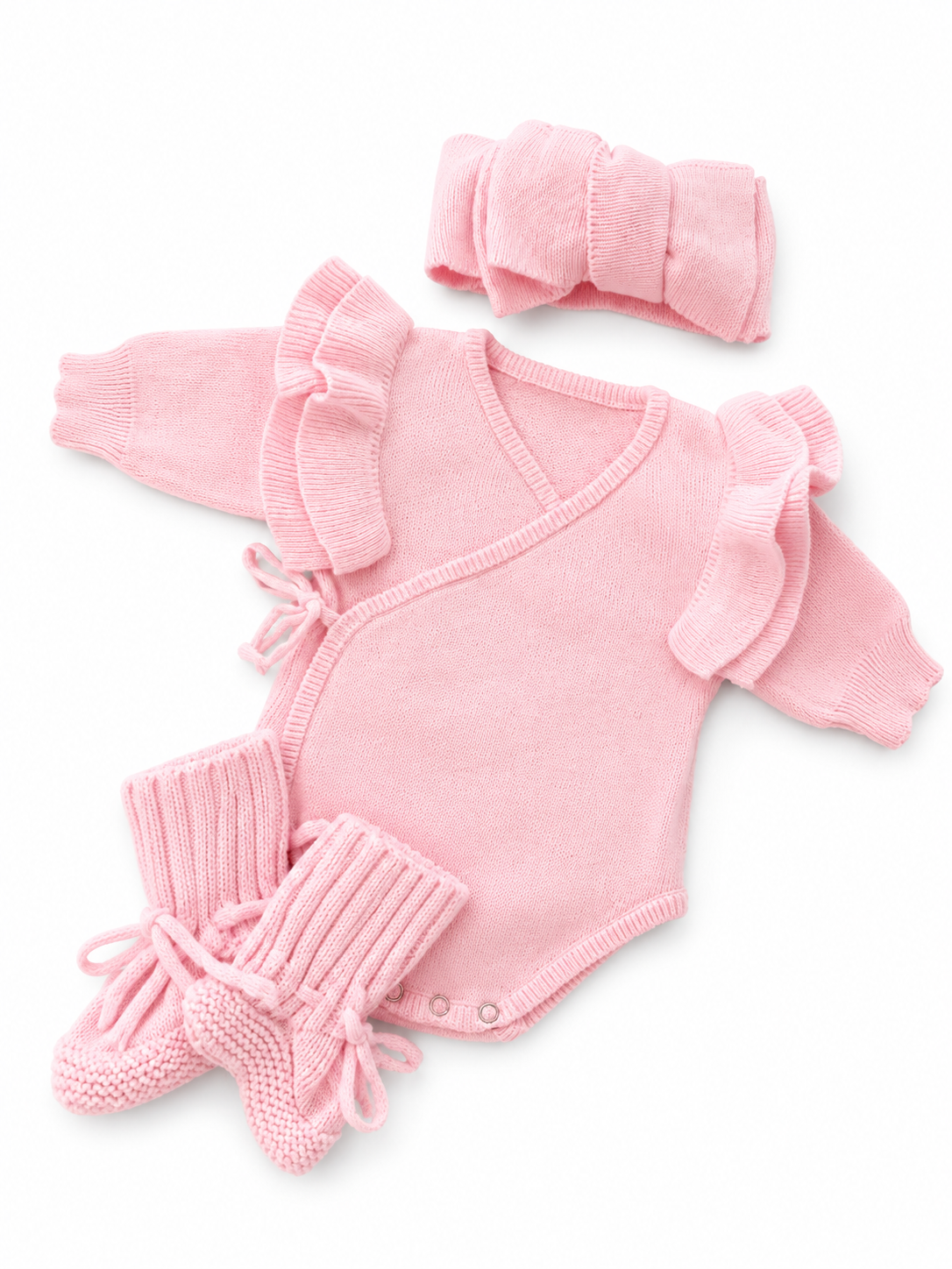 Personalised Knitted Baby Romper Set — Soft Organic Cotton with Ruffle Sleeves, Footies & Headbow Options