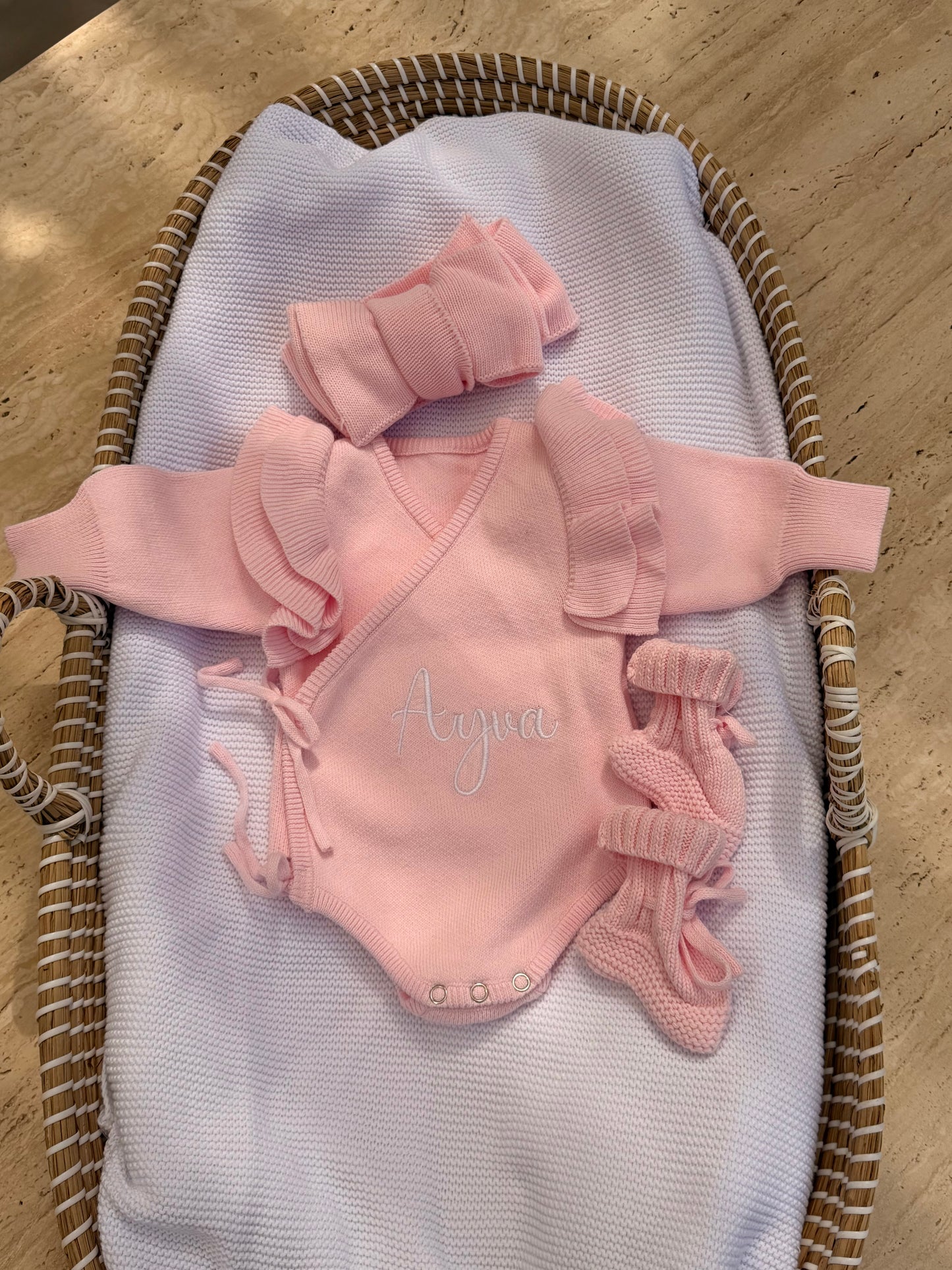 Personalised Knitted Baby Romper Set — Soft Organic Cotton with Ruffle Sleeves, Footies & Headbow Options
