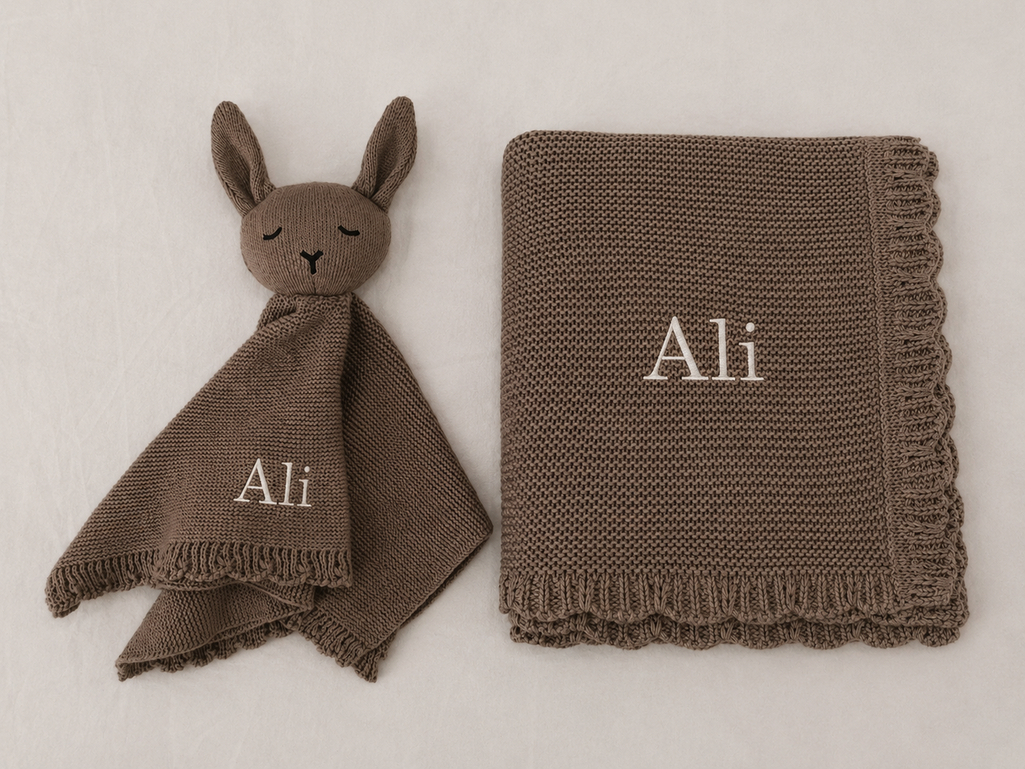 Mocha – Personalised Organic Cotton Bunny Comforter & Blanket Gift Set | Free Embroidery