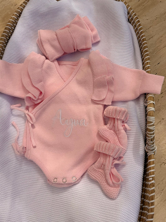 Personalised Knitted Baby Romper Set — Soft Organic Cotton with Ruffle Sleeves, Footies & Headbow Options