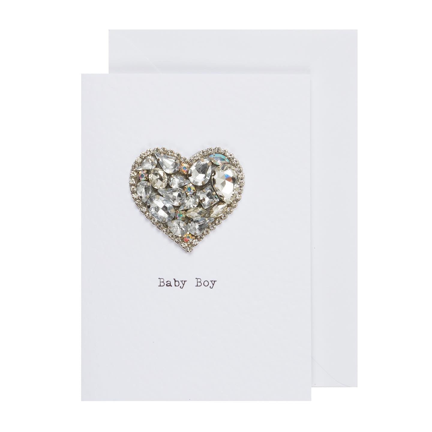 Handmade Baby Boy greeting card with clear crystal heart embellishment and white envelope — Maxims Gift Co. luxury newborn card Dubai UAE
