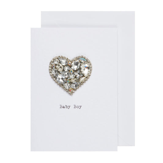 Handmade Baby Boy greeting card with clear crystal heart embellishment and white envelope — Maxims Gift Co. luxury newborn card Dubai UAE
