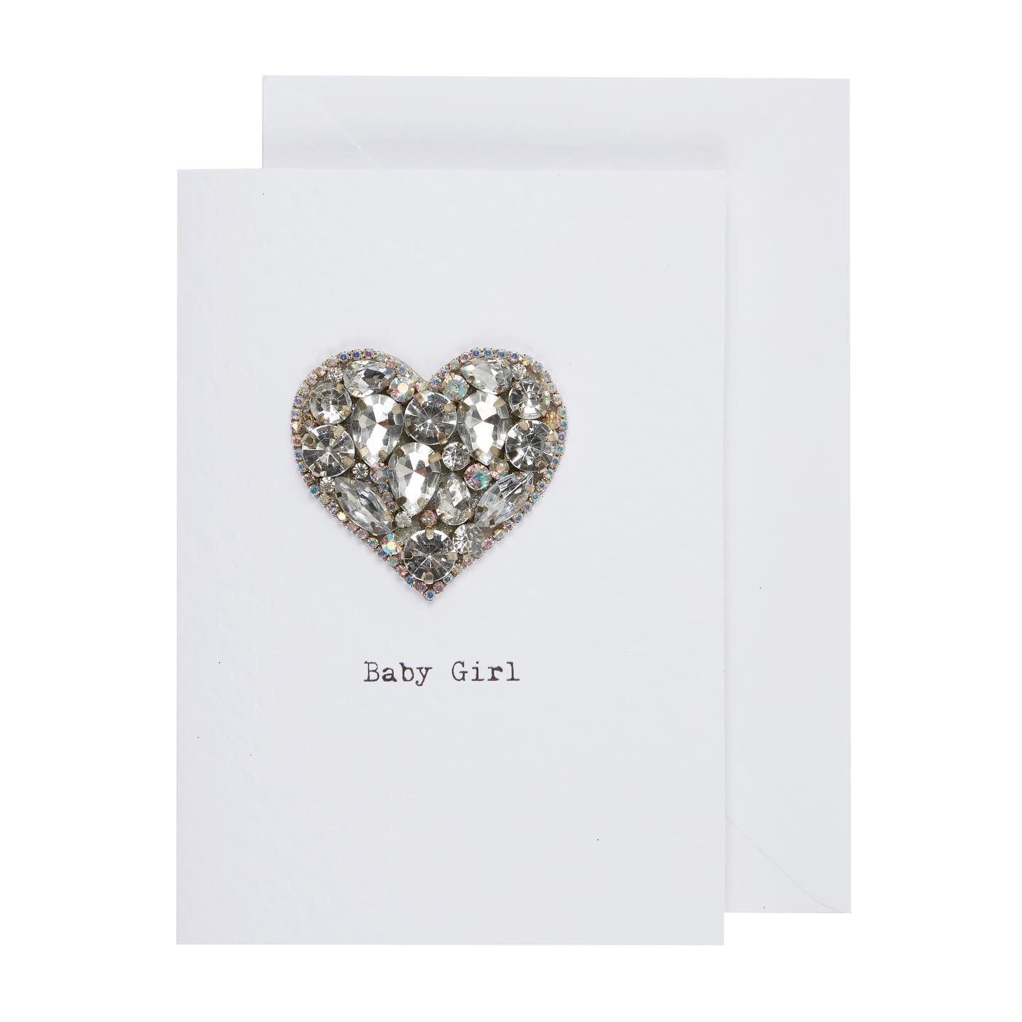 Handmade Baby Girl greeting card with iridescent crystal heart embellishment and white envelope — Maxims Gift Co. luxury newborn card UAE
