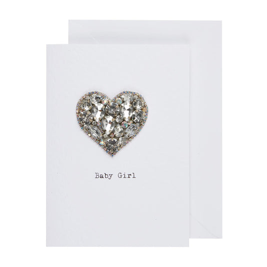 Handmade Baby Girl greeting card with iridescent crystal heart embellishment and white envelope — Maxims Gift Co. luxury newborn card UAE
