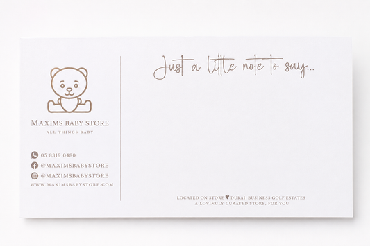 Complimentary handwritten note card included free with every Maxims gift order — beautiful personal touch for any baby gift

