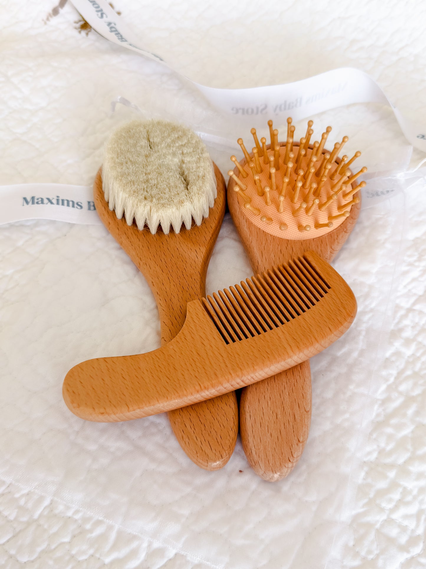 3-piece wooden baby brush and comb set in beechwood with goat hair bristles — Maxims Gift Co. UAE
