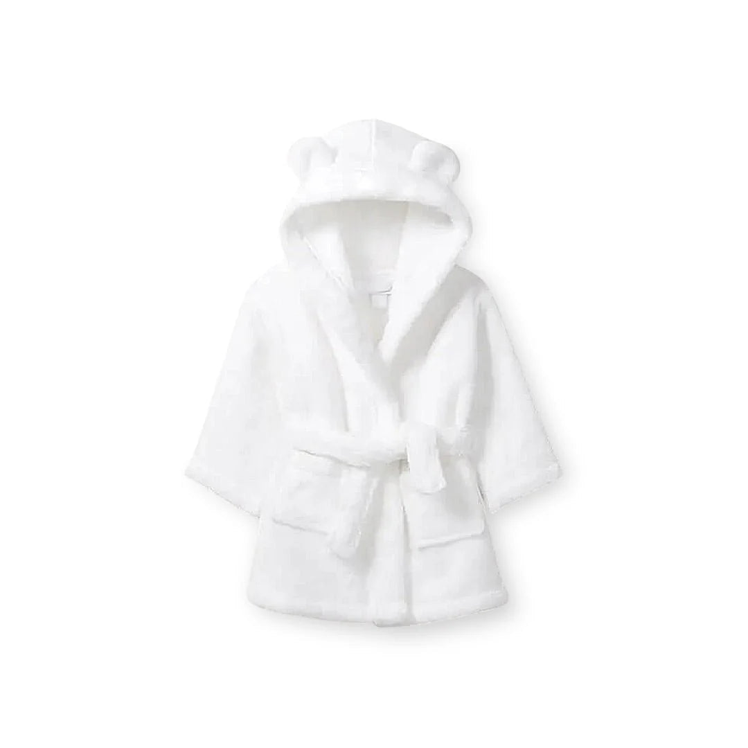 Personalised white organic cotton hooded baby bathrobe with embroidered name on chest — Maxims Gift Co. UAE

