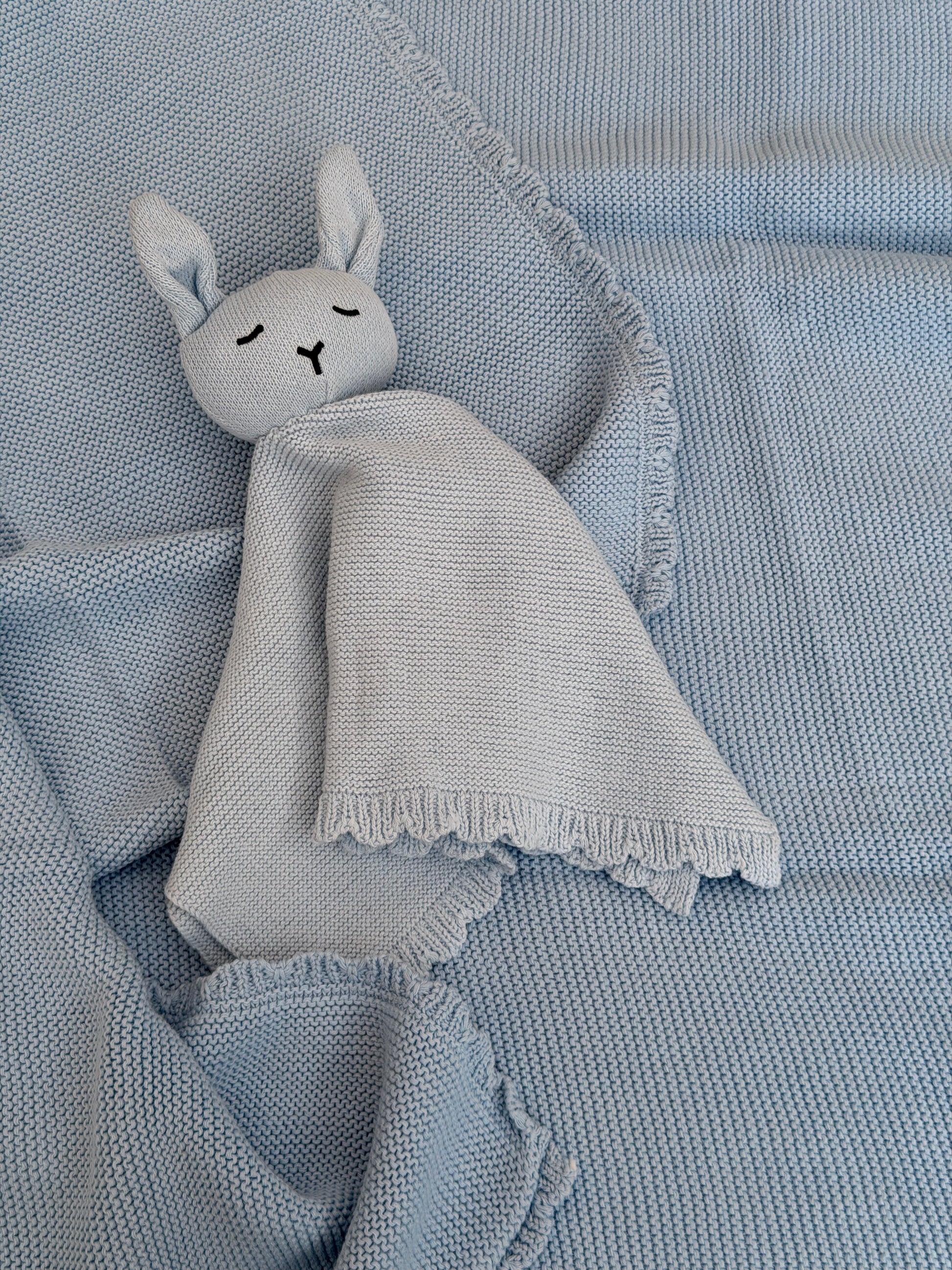 Personalised baby blue knit blanket and bunny comforter set with name embroidery — perfect baby boy gift in Dubai UAE
