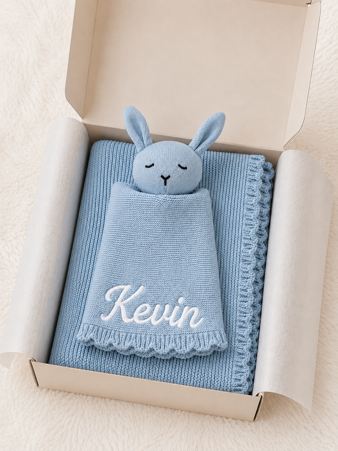 Personalised baby blue knit blanket and bunny comforter set with name embroidery — perfect baby boy gift in Dubai UAE
