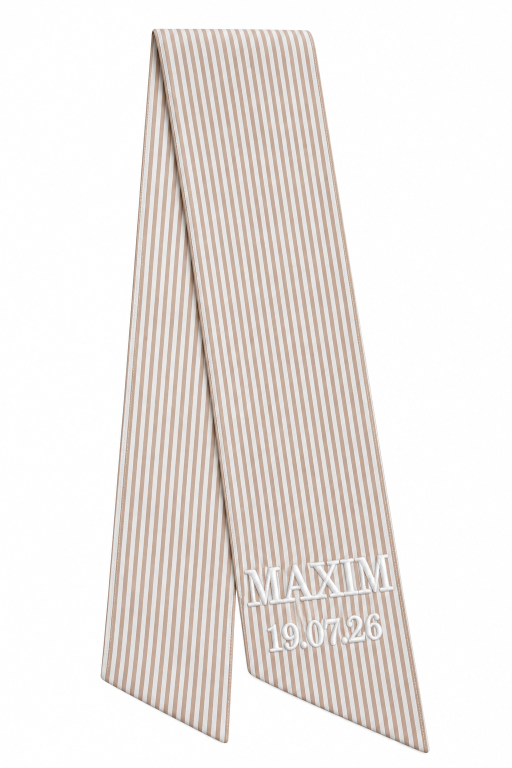 Personalised beige stripe cotton newborn sash with custom name or phrase embroidery — keepsake photoshoot prop UAE
