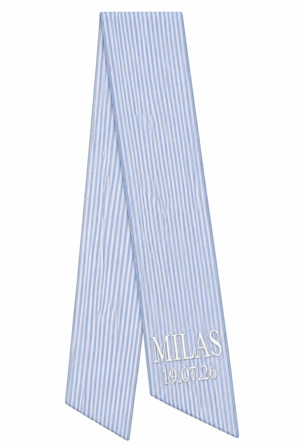 Personalised blue stripe cotton newborn sash with custom name or phrase embroidery — keepsake photoshoot prop UAE