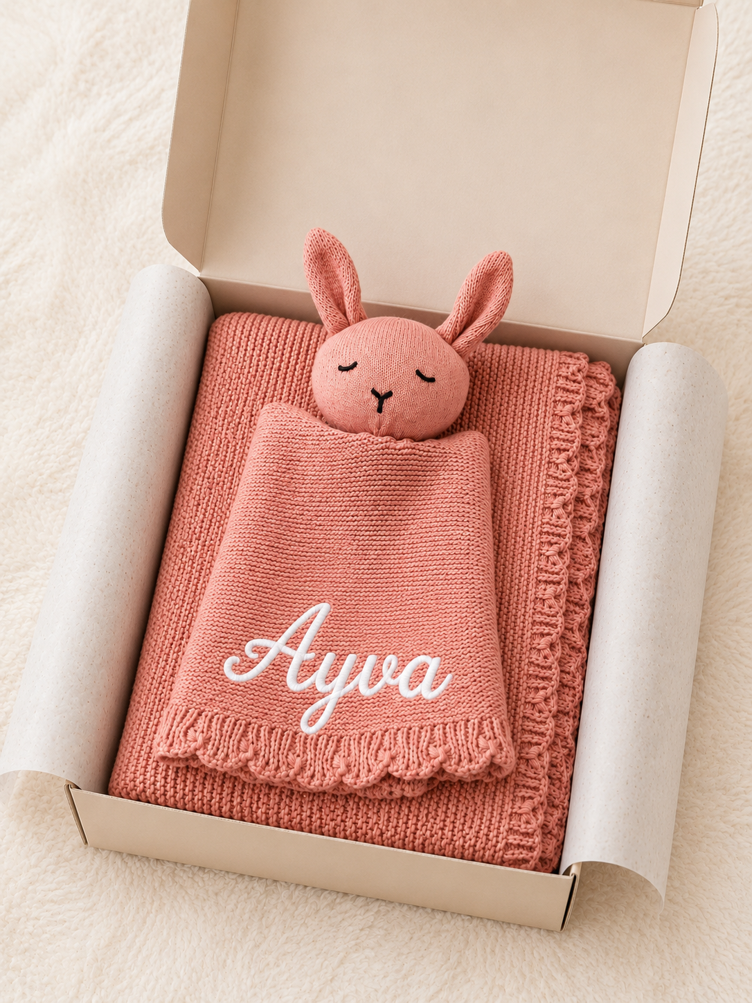 Personalised dusty pink knit baby blanket with matching bunny comforter and embroidered name — baby girl gift Dubai UAE
