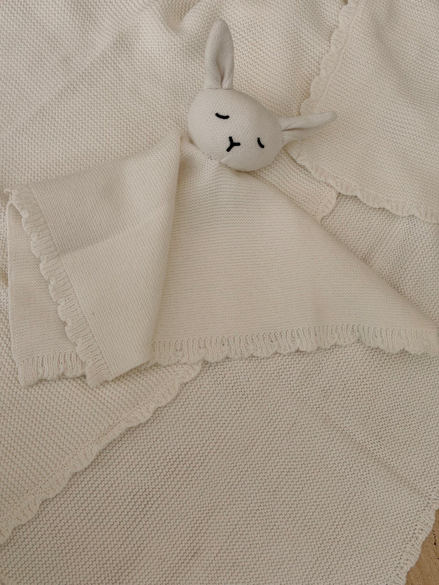 Personalised ivory knit baby blanket and bunny comforter set with name embroidery — timeless neutral newborn gift UAE
