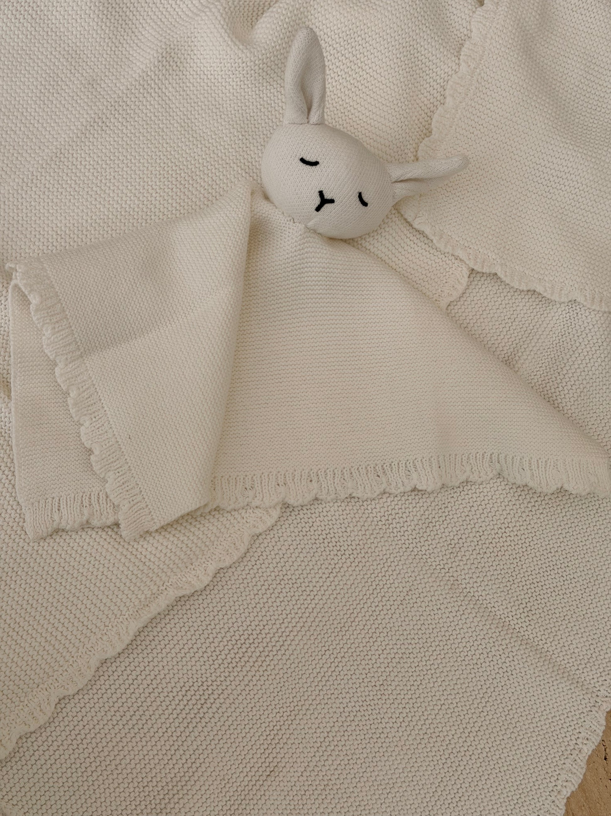 Personalised ivory knit baby blanket and bunny comforter set with name embroidery — timeless neutral newborn gift UAE
