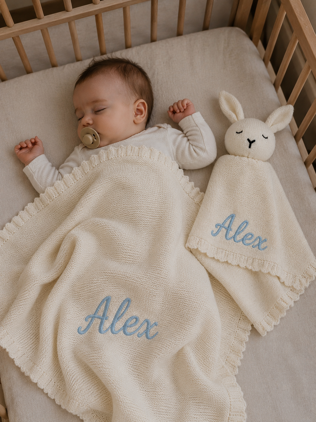 Close-up of embroidered name on personalised knit baby blanket — English or Arabic options, Maxims Gift Co. keepsake gift UAE
