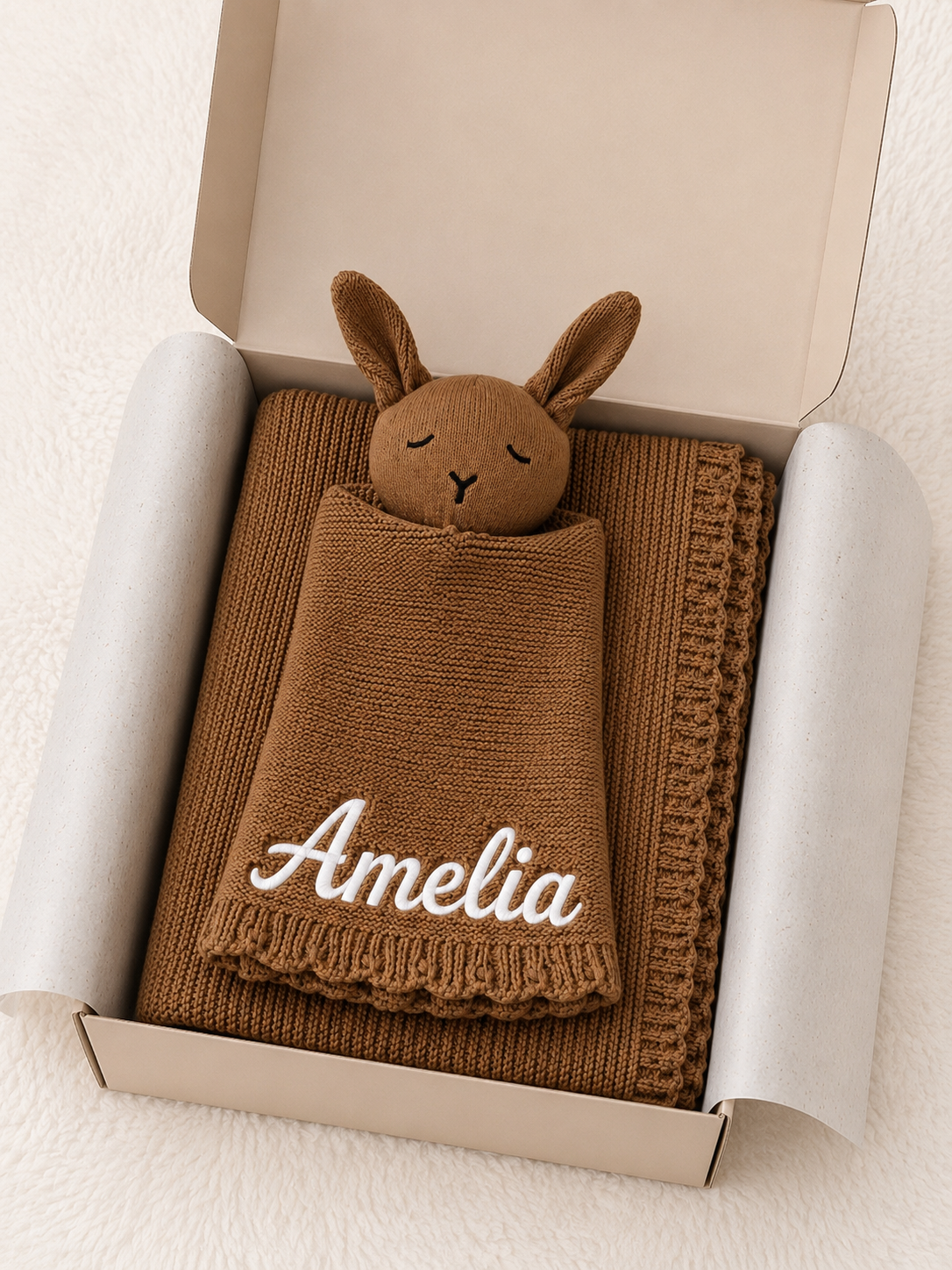 Personalised mocha knit baby blanket with matching bunny comforter and embroidered name — Maxims Gift Co. newborn gift Dubai UAE
