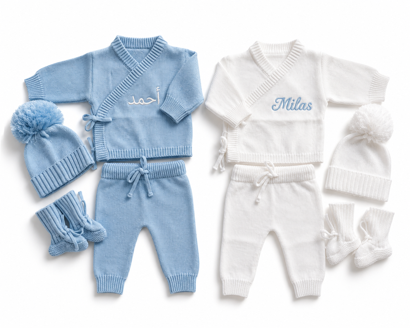 Personalised newborn knit outfit set in blue and white with English and Arabic name embroidery — 4-piece bamboo cotton bundle Dubai UAE
