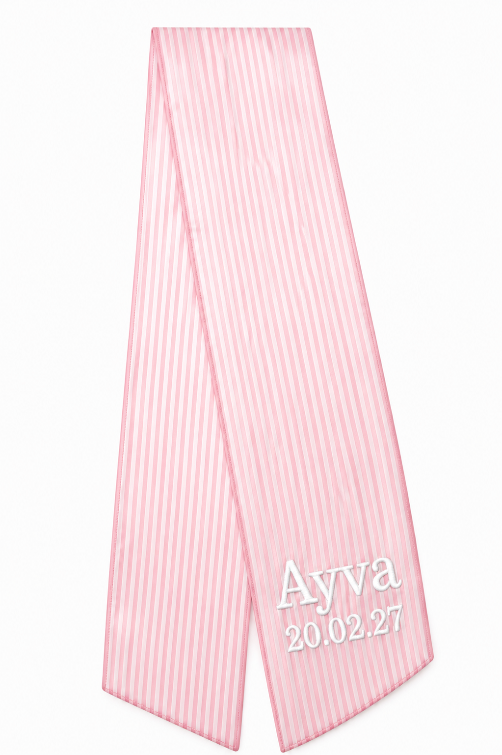 Personalised pink stripe cotton newborn sash with custom name or phrase embroidery — keepsake photoshoot prop