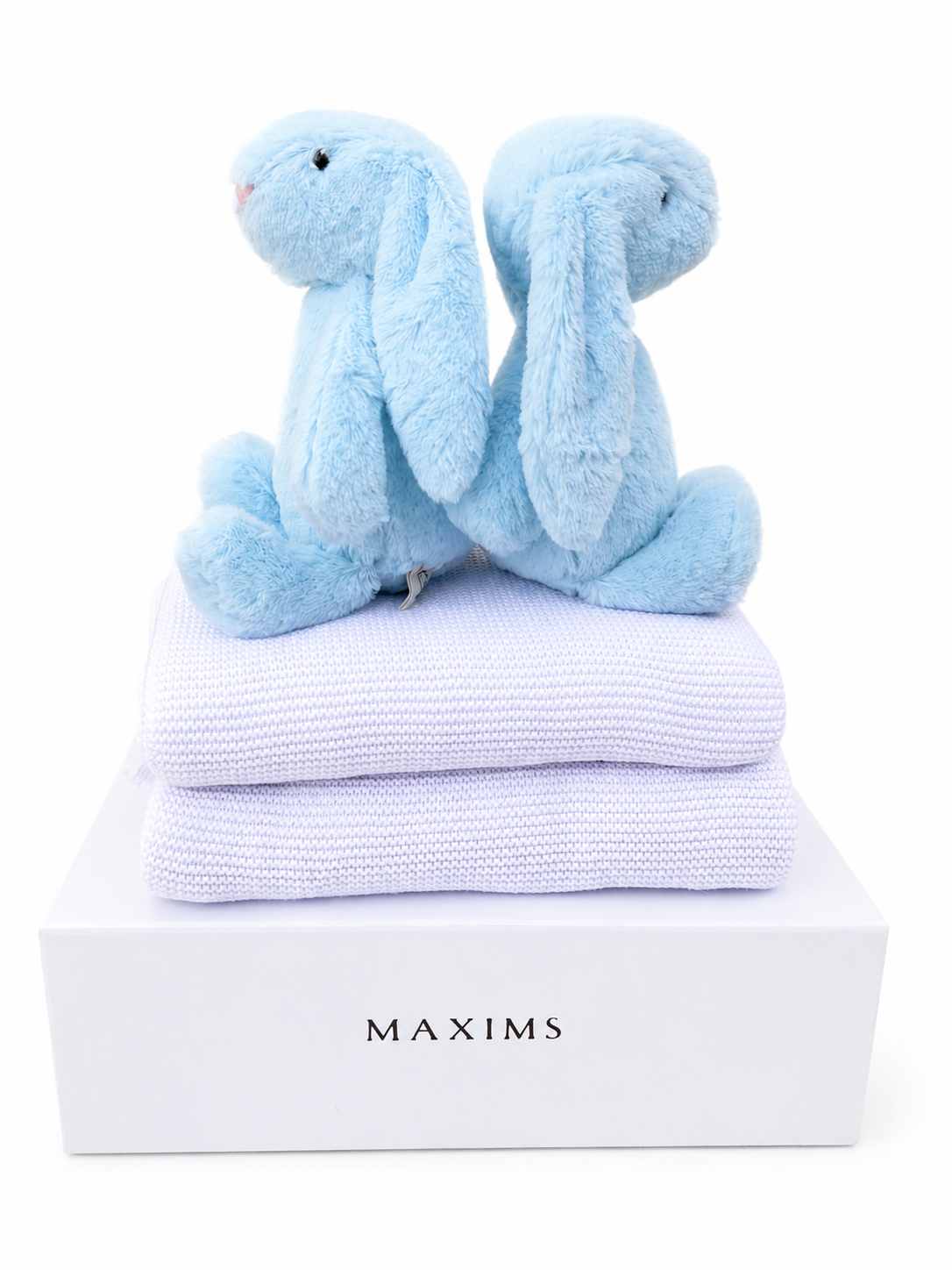 Twin boys personalised gift box with two blue plush bunnies and two white bamboo cotton blankets — Maxims Gift Co. UAE
