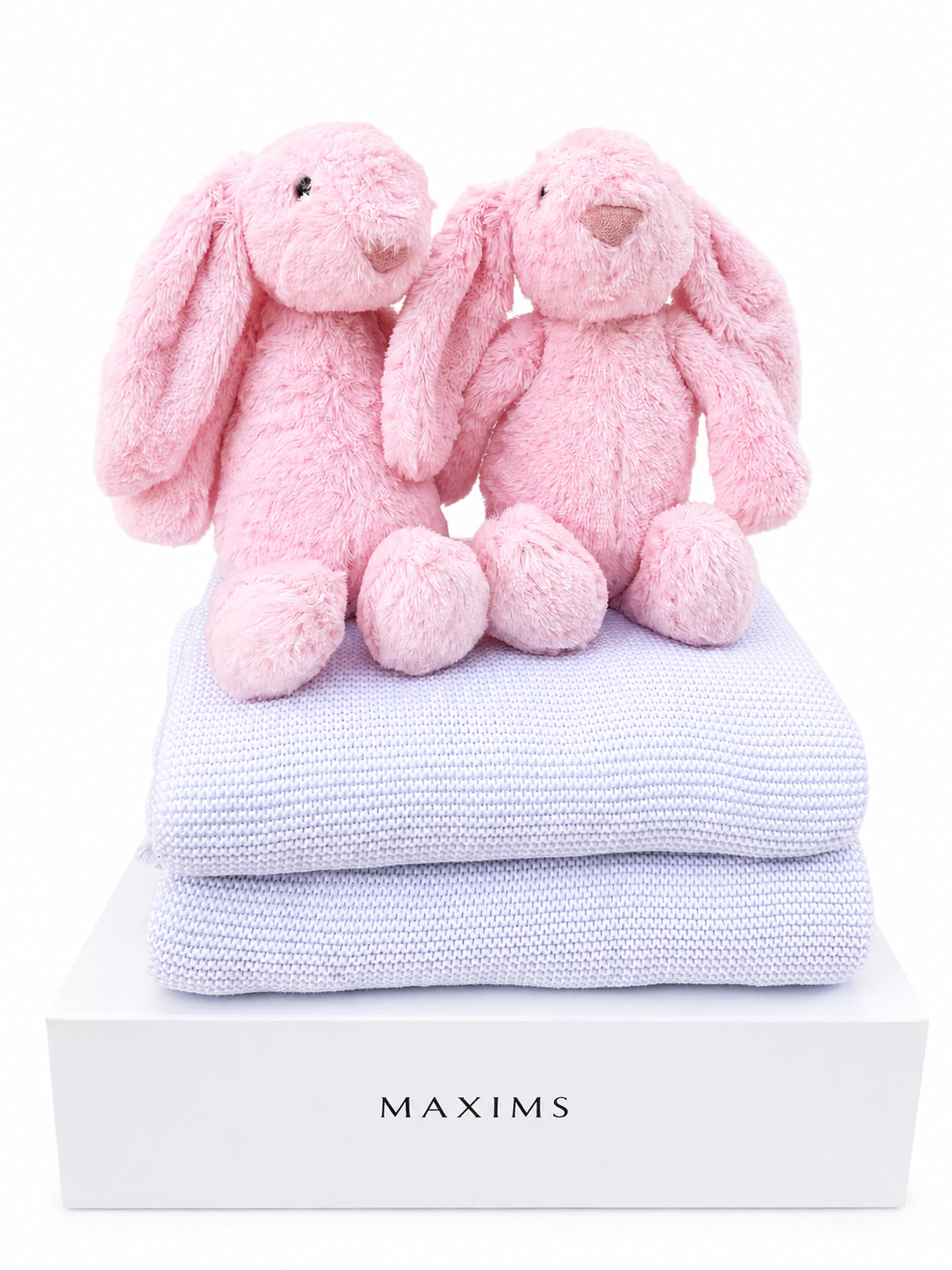 Twin girls personalised gift box with two pink plush bunnies and two white bamboo cotton blankets — Maxims Gift Co. UAE
